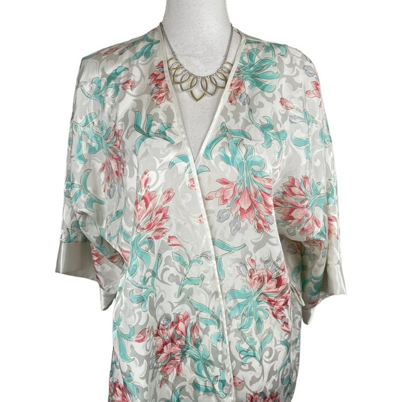 Vintage 80s Ivory Based Pastel Pink Teal Silver Floral Print Satin Wrap Robe - Picture 2 of 10